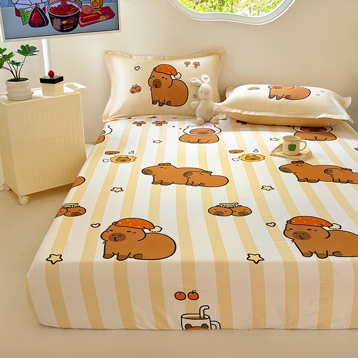 91家纺网 家纺一手货源 找家纺 浩诚 2025新款卡皮巴拉原创IP全棉纯棉大版单床笠单枕套床笠枕套单件-有作品登记证书 条纹巴拉