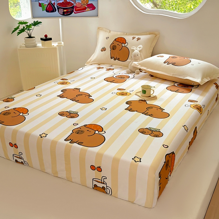 91家纺网 家纺一手货源 找家纺 浩诚 2025新款卡皮巴拉原创IP全棉纯棉大版单床笠单枕套床笠枕套单件-有作品登记证书 条纹巴拉