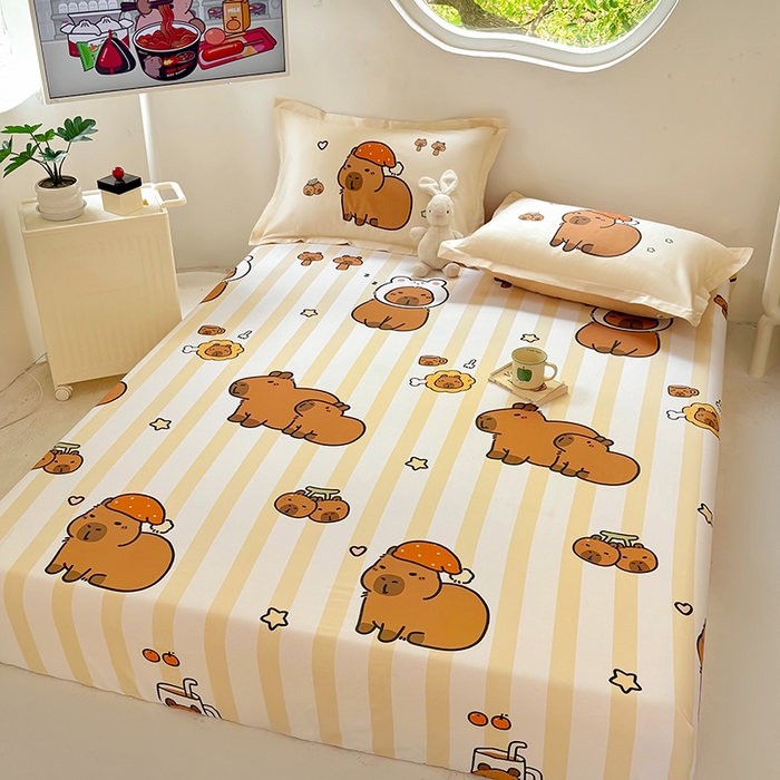 91家纺网 家纺一手货源 找家纺 浩诚 2025新款卡皮巴拉原创IP全棉纯棉大版单床笠单枕套床笠枕套单件-有作品登记证书 条纹巴拉