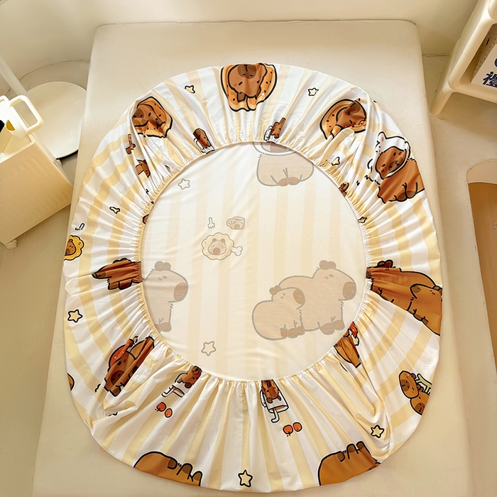 91家纺网 家纺一手货源 找家纺 浩诚 2025新款卡皮巴拉原创IP全棉纯棉大版单床笠单枕套床笠枕套单件-有作品登记证书 条纹巴拉