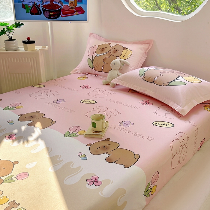 91家纺网 家纺一手货源 找家纺 浩诚 2025新款卡皮巴拉原创IP全棉纯棉大版单床笠单枕套床笠枕套单件-有作品登记证书 幸运巴拉