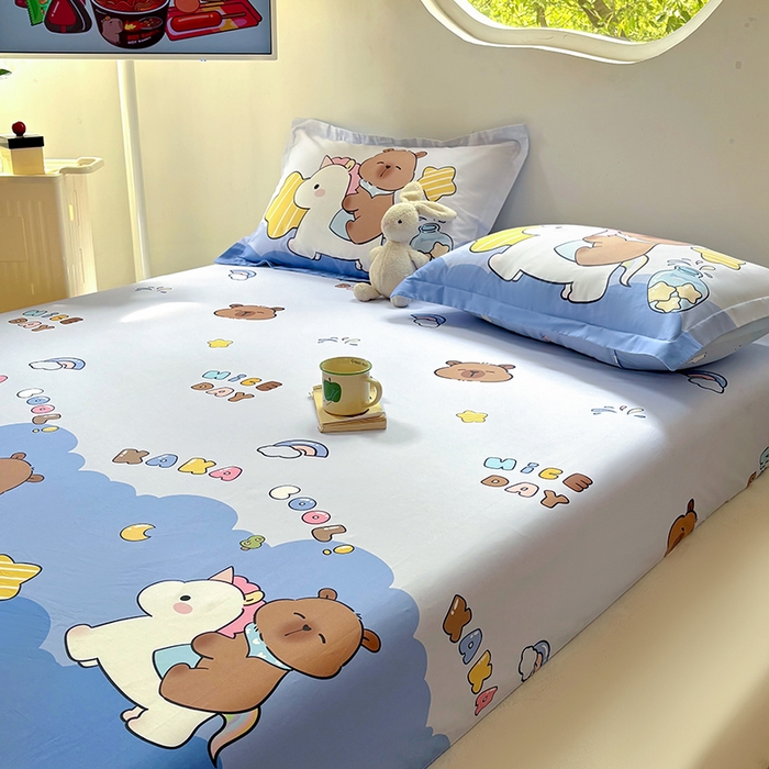 91家纺网 家纺一手货源 找家纺 浩诚 2025新款卡皮巴拉原创IP全棉纯棉大版单床笠单枕套床笠枕套单件-有作品登记证书 旋转巴拉