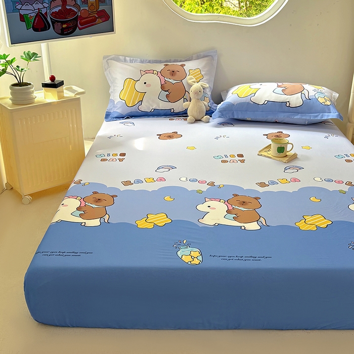 91家纺网 家纺一手货源 找家纺 浩诚 2025新款卡皮巴拉原创IP全棉纯棉大版单床笠单枕套床笠枕套单件-有作品登记证书 旋转巴拉