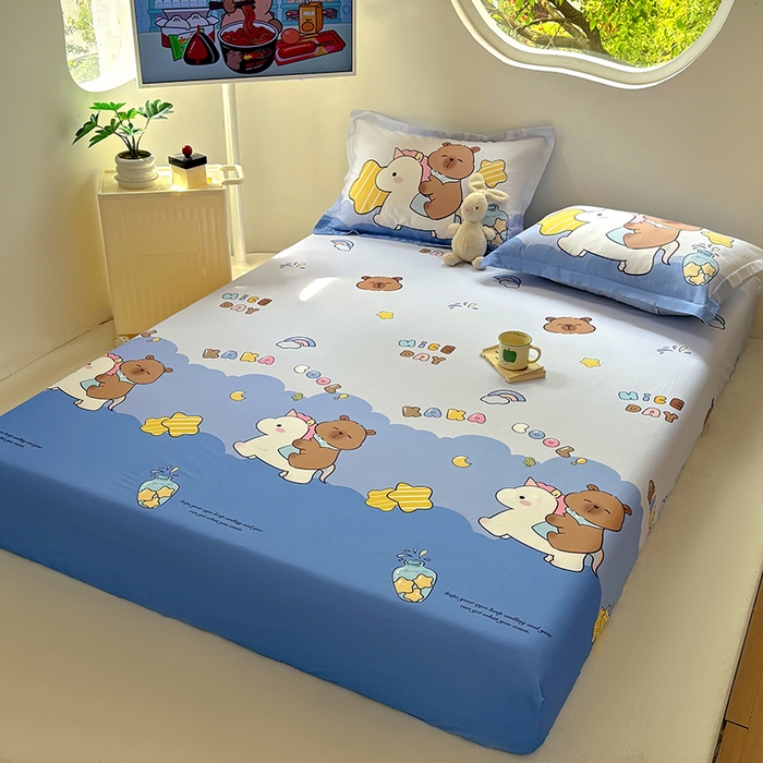 91家纺网 家纺一手货源 找家纺 浩诚 2025新款卡皮巴拉原创IP全棉纯棉大版单床笠单枕套床笠枕套单件-有作品登记证书 旋转巴拉