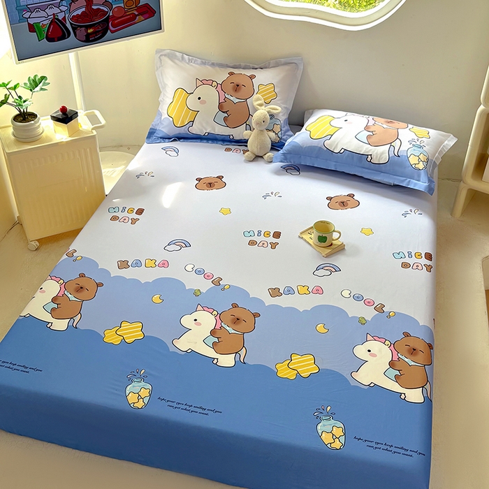 91家纺网 家纺一手货源 找家纺 浩诚 2025新款卡皮巴拉原创IP全棉纯棉大版单床笠单枕套床笠枕套单件-有作品登记证书 旋转巴拉