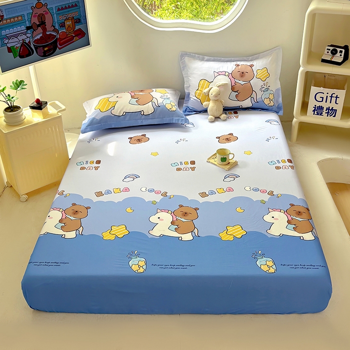 91家纺网 家纺一手货源 找家纺 浩诚 2025新款卡皮巴拉原创IP全棉纯棉大版单床笠单枕套床笠枕套单件-有作品登记证书 旋转巴拉