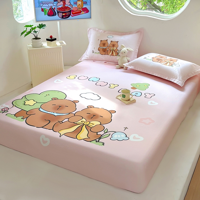 91家纺网 家纺一手货源 找家纺 浩诚 2025新款卡皮巴拉原创IP全棉纯棉大版单床笠单枕套床笠枕套单件-有作品登记证书 阳光巴拉