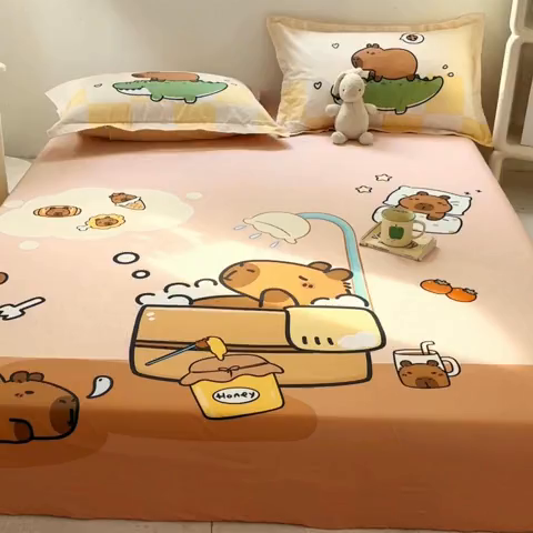 91家纺网 家纺一手货源 找家纺 浩诚 2025新款卡皮巴拉原创IP全棉纯棉大版单床笠单枕套床笠枕套单件-有作品登记证书 向往的生活