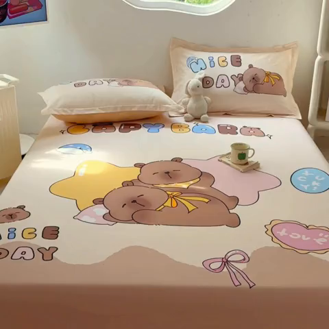 91家纺网 家纺一手货源 找家纺 浩诚 2025新款卡皮巴拉原创IP全棉纯棉大版单床笠单枕套床笠枕套单件-有作品登记证书 睡梦巴拉