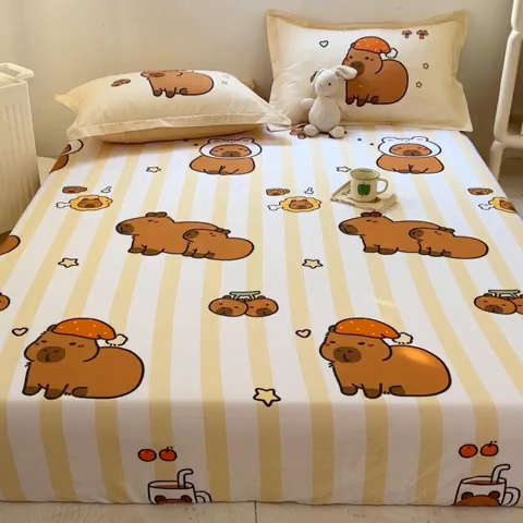 91家纺网 家纺一手货源 找家纺 浩诚 2025新款卡皮巴拉原创IP全棉纯棉大版单床笠单枕套床笠枕套单件-有作品登记证书 条纹巴拉