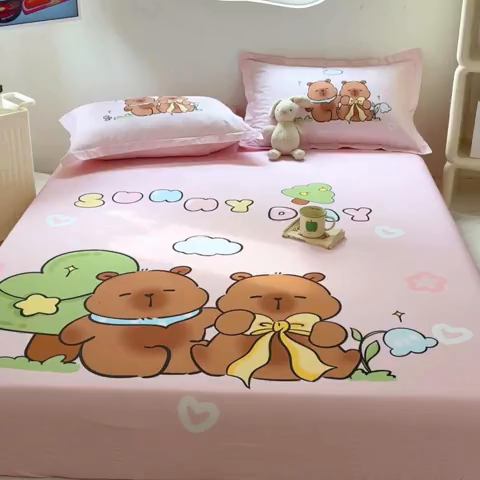 91家纺网 家纺一手货源 找家纺 浩诚 2025新款卡皮巴拉原创IP全棉纯棉大版单床笠单枕套床笠枕套单件-有作品登记证书 阳光巴拉