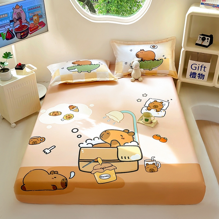 91家纺网 家纺一手货源 找家纺 （总）浩诚 2025新款卡皮巴拉原创IP全棉纯棉大版单床笠单枕套床笠枕套单件-有作品登记证书