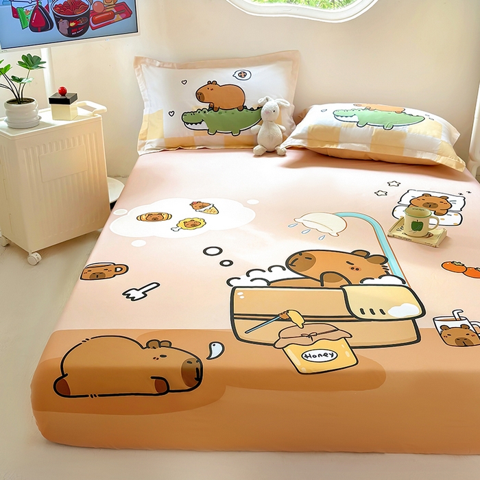 91家纺网 家纺一手货源 找家纺 （总）浩诚 2025新款卡皮巴拉原创IP全棉纯棉大版单床笠单枕套床笠枕套单件-有作品登记证书