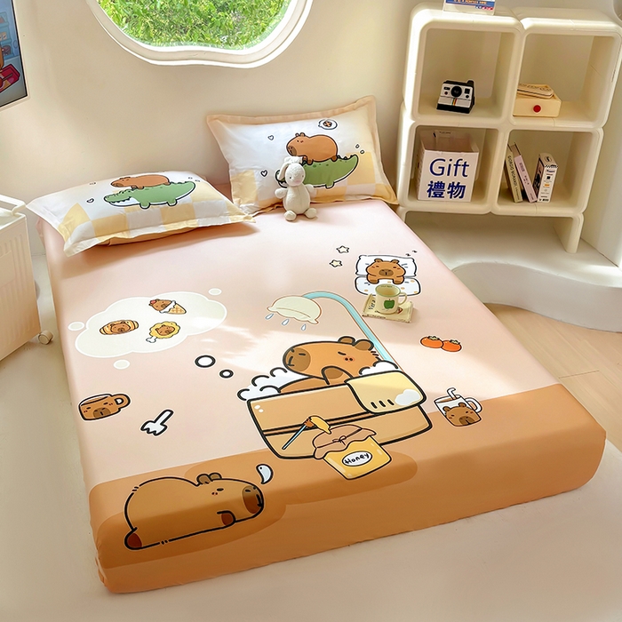 91家纺网 家纺一手货源 找家纺 （总）浩诚 2025新款卡皮巴拉原创IP全棉纯棉大版单床笠单枕套床笠枕套单件-有作品登记证书