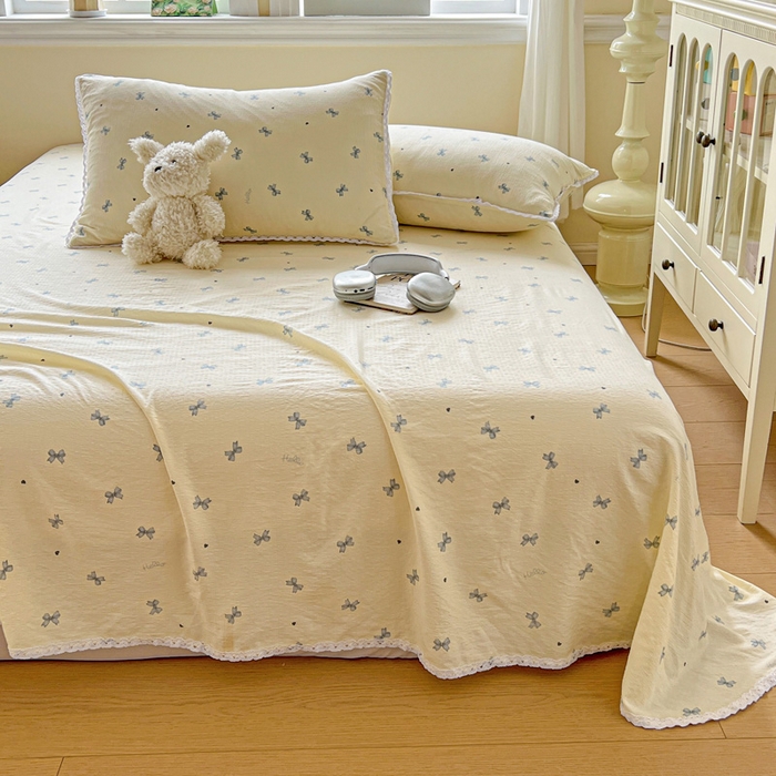 91家纺网 家纺一手货源 找家纺 水木坊 2025新款云感提花双层纱花边床单 蝴蝶飞