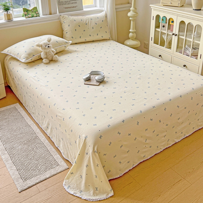 91家纺网 家纺一手货源 找家纺 水木坊 2025新款云感提花双层纱花边床单 蝴蝶飞