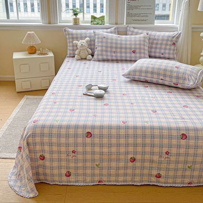 91家纺网 家纺一手货源 找家纺 水木坊 2025新款云感提花双层纱花边床单 草莓果果