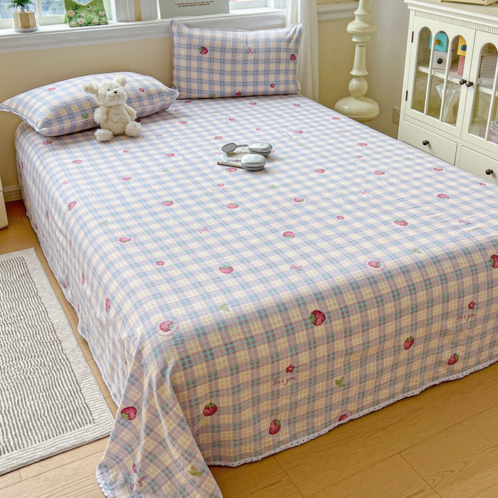 91家纺网 家纺一手货源 找家纺 水木坊 2025新款云感提花双层纱花边床单 草莓果果