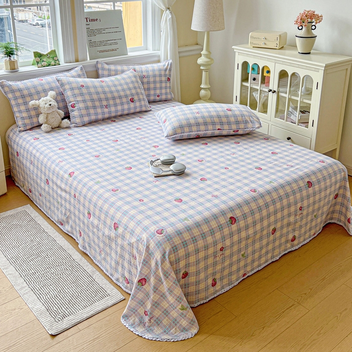 91家纺网 家纺一手货源 找家纺 水木坊 2025新款云感提花双层纱花边床单 草莓果果