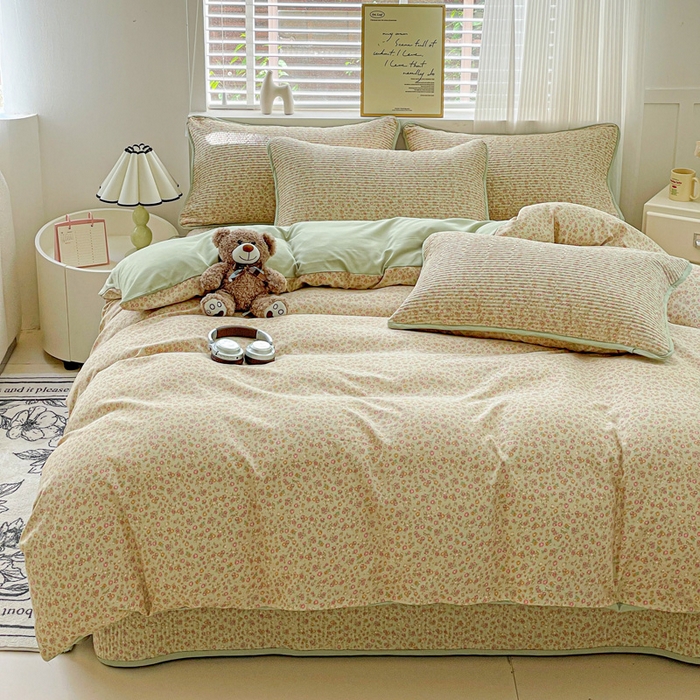 91家纺网 家纺一手货源 找家纺 金丝兔 2025新款ins小清新柔软亲肤水洗棉夹棉床盖四件套 直播爆款 半糖主义