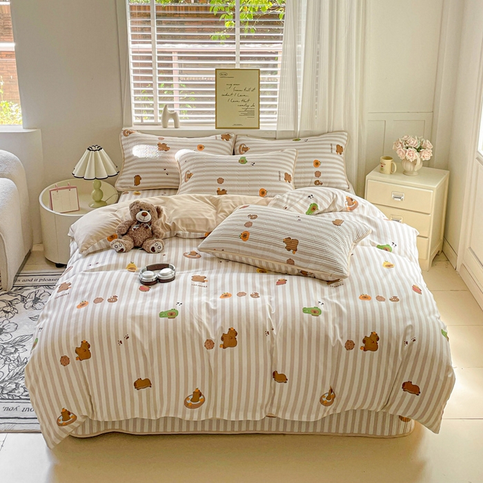 91家纺网 家纺一手货源 找家纺 金丝兔 2025新款ins小清新柔软亲肤水洗棉夹棉床盖四件套 直播爆款 卡皮巴拉