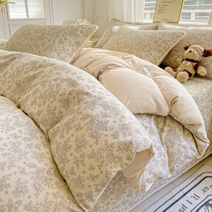 91家纺网 家纺一手货源 找家纺 金丝兔 2025新款ins小清新柔软亲肤水洗棉夹棉床盖四件套 直播爆款 茉颜