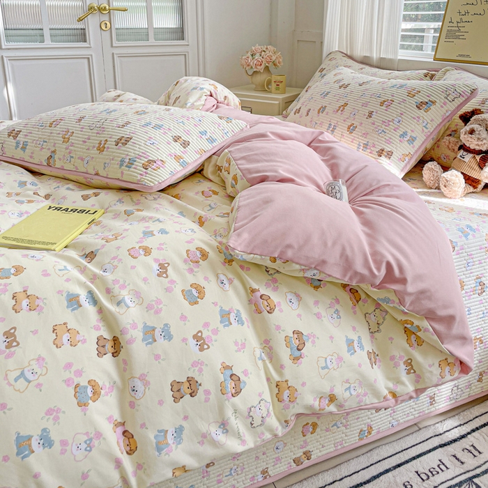 91家纺网 家纺一手货源 找家纺 金丝兔 2025新款ins小清新柔软亲肤水洗棉夹棉床盖四件套 直播爆款 西高地