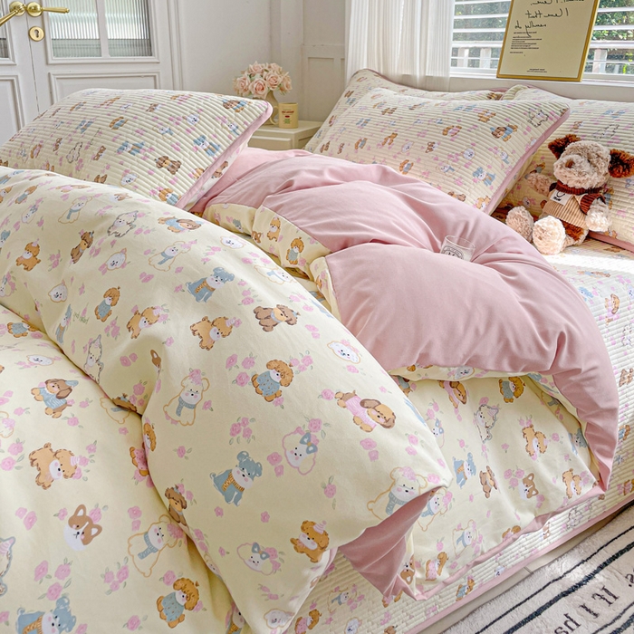 91家纺网 家纺一手货源 找家纺 金丝兔 2025新款ins小清新柔软亲肤水洗棉夹棉床盖四件套 直播爆款 西高地