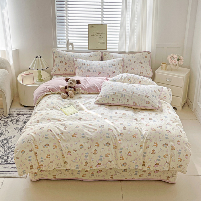 91家纺网 家纺一手货源 找家纺 金丝兔 2025新款ins小清新柔软亲肤水洗棉夹棉床盖四件套 直播爆款 西高地