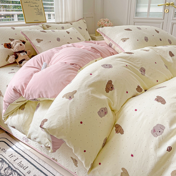 金丝兔 2025新款ins小清新柔软亲肤水洗棉夹棉床盖四件套 直播爆款 小狗麻薯