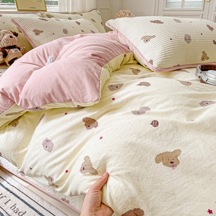 91家纺网 家纺一手货源 找家纺 金丝兔 2025新款ins小清新柔软亲肤水洗棉夹棉床盖四件套 直播爆款 小狗麻薯