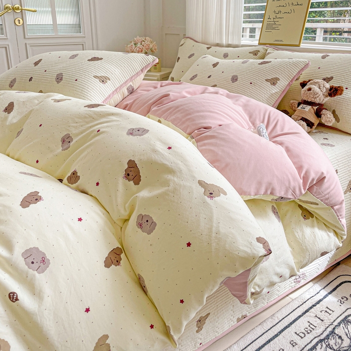 91家纺网 家纺一手货源 找家纺 金丝兔 2025新款ins小清新柔软亲肤水洗棉夹棉床盖四件套 直播爆款 小狗麻薯