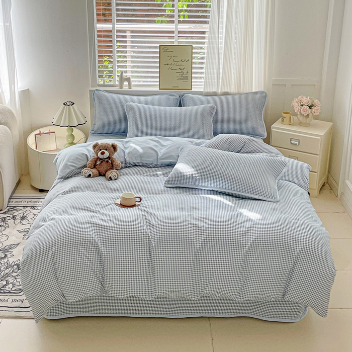 91家纺网 家纺一手货源 找家纺 金丝兔 2025新款ins小清新柔软亲肤水洗棉夹棉床盖四件套 直播爆款 小灰格