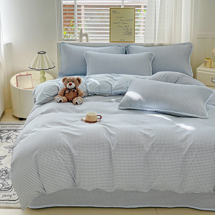 91家纺网 家纺一手货源 找家纺 金丝兔 2025新款ins小清新柔软亲肤水洗棉夹棉床盖四件套 直播爆款 小灰格