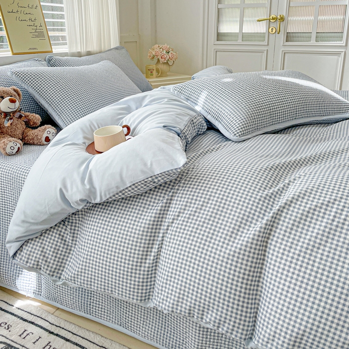 91家纺网 家纺一手货源 找家纺 金丝兔 2025新款ins小清新柔软亲肤水洗棉夹棉床盖四件套 直播爆款 小灰格