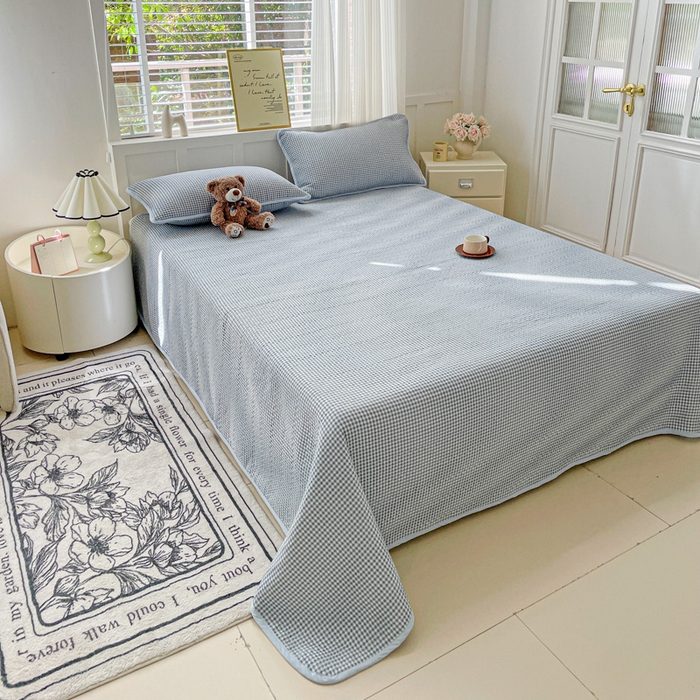 91家纺网 家纺一手货源 找家纺 金丝兔 2025新款ins小清新柔软亲肤水洗棉夹棉床盖四件套 直播爆款 小灰格