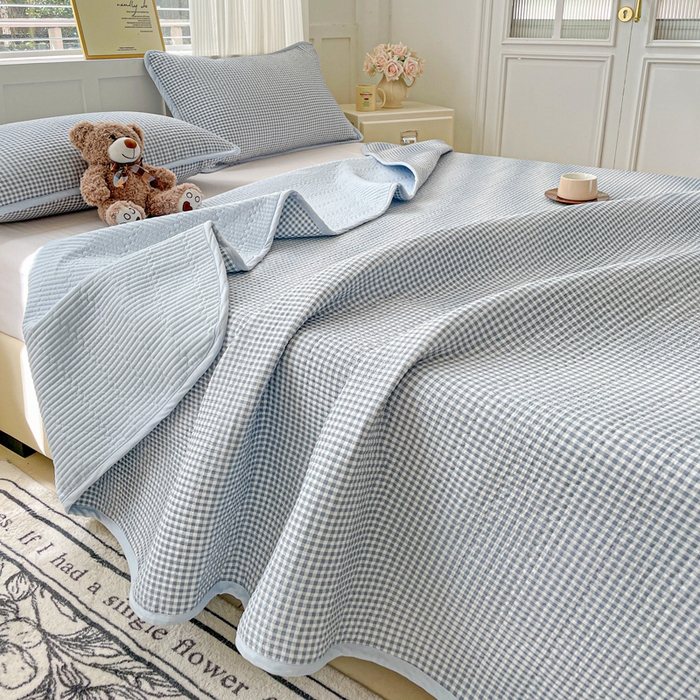 金丝兔 2025新款小清新亲肤印花水洗棉单床盖 夹棉床盖 床盖三件套 小灰格