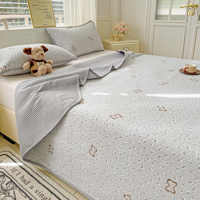 金丝兔 2025新款小清新亲肤印花水洗棉单床盖 夹棉床盖 床盖三件套 小樱结-灰