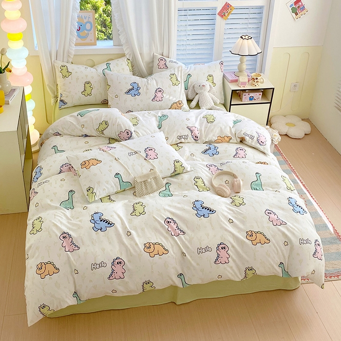 91家纺网 家纺一手货源 找家纺 雨彤家纺 2025年新款软糯糯云朵水洗棉印花四件套 恐龙日记