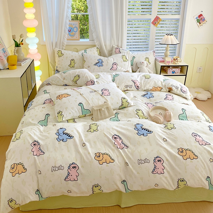 91家纺网 家纺一手货源 找家纺 雨彤家纺 2025年新款软糯糯云朵水洗棉印花四件套 恐龙日记