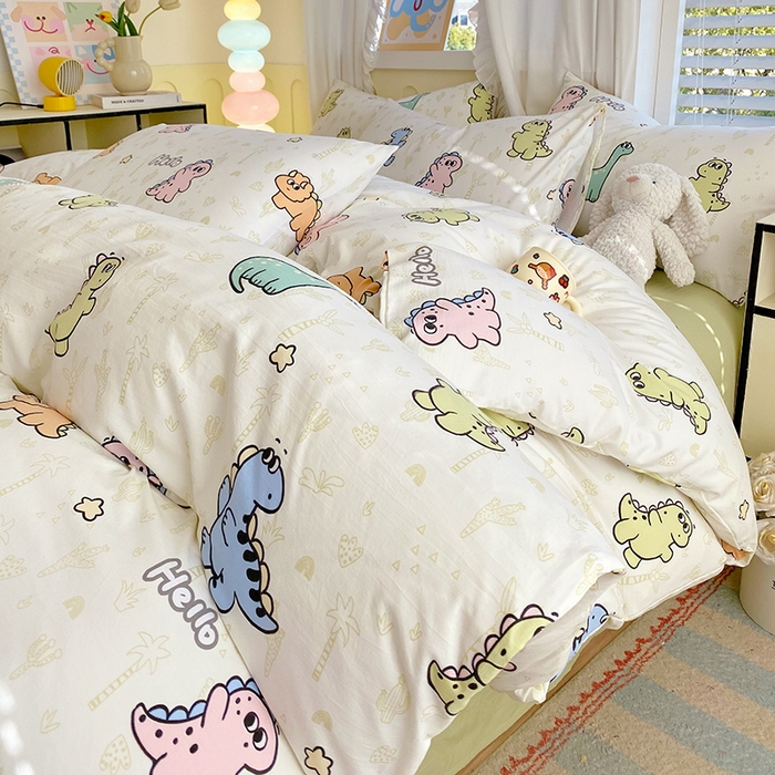 91家纺网 家纺一手货源 找家纺 雨彤家纺 2025年新款软糯糯云朵水洗棉印花四件套 恐龙日记