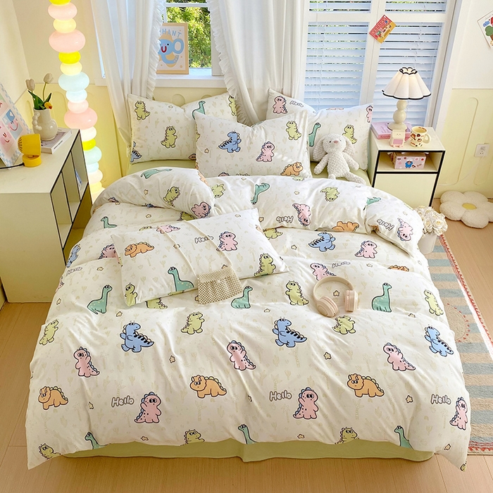 91家纺网 家纺一手货源 找家纺 雨彤家纺 2025年新款软糯糯云朵水洗棉印花四件套 恐龙日记