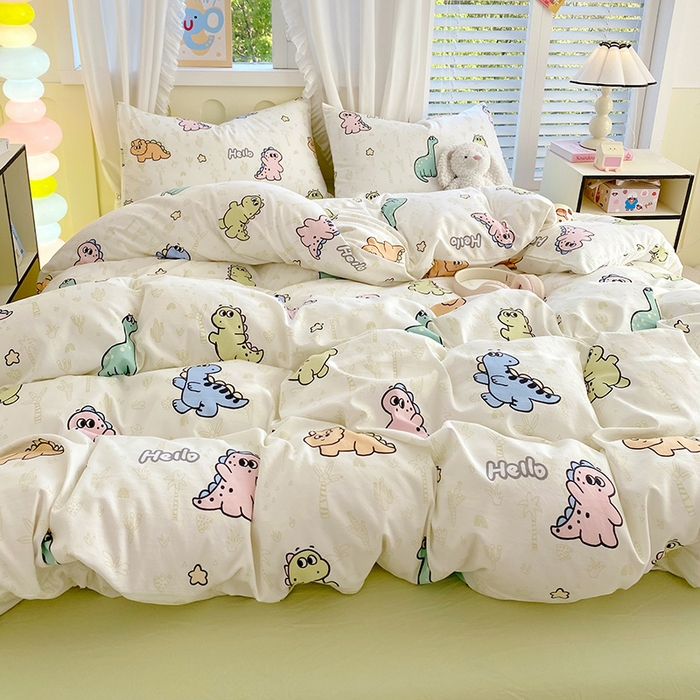 91家纺网 家纺一手货源 找家纺 雨彤家纺 2025年新款软糯糯云朵水洗棉印花四件套 恐龙日记