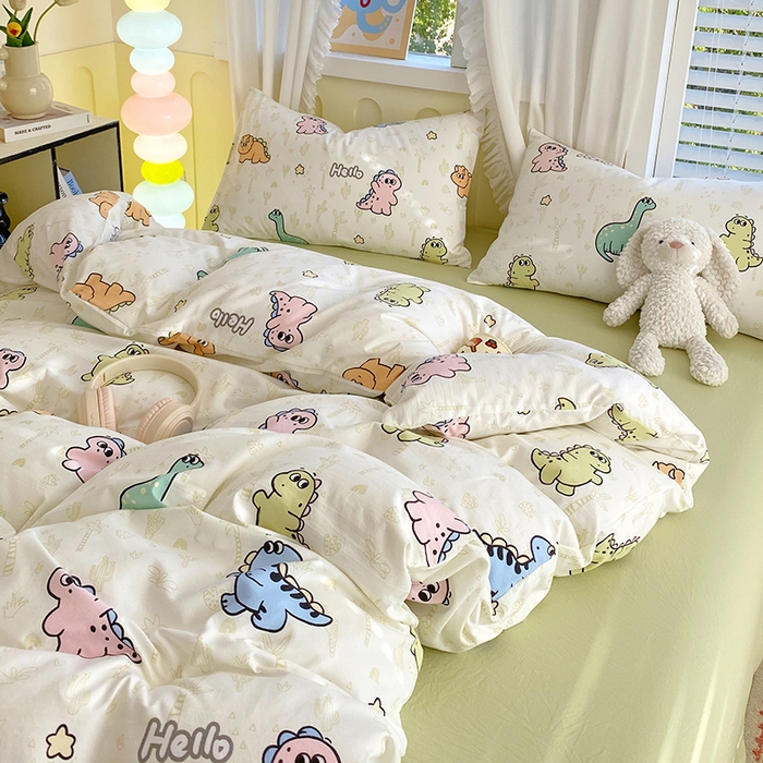 91家纺网 家纺一手货源 找家纺 雨彤家纺 2025年新款软糯糯云朵水洗棉印花四件套 恐龙日记