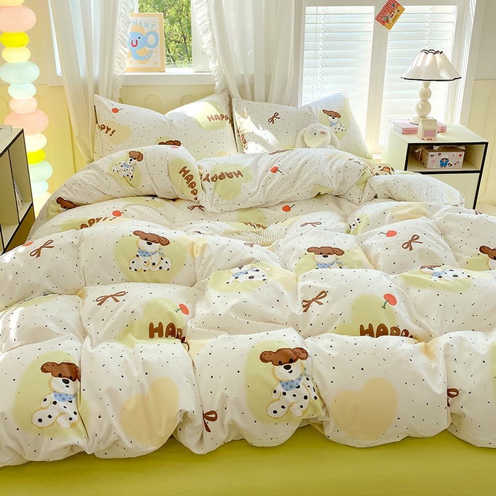 91家纺网 家纺一手货源 找家纺 雨彤家纺 2025年新款软糯糯云朵水洗棉印花四件套 快乐狗狗