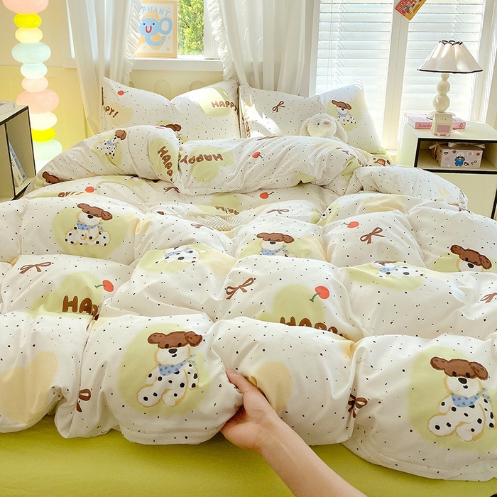 91家纺网 家纺一手货源 找家纺 雨彤家纺 2025年新款软糯糯云朵水洗棉印花四件套 快乐狗狗