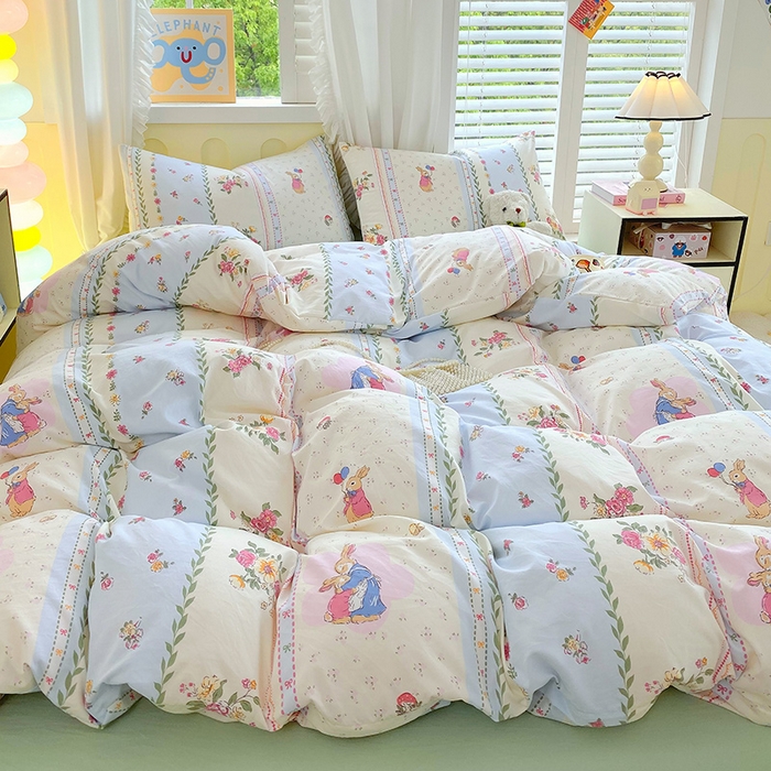 91家纺网 家纺一手货源 找家纺 雨彤家纺 2025年新款软糯糯云朵水洗棉印花四件套 灵兰小兔