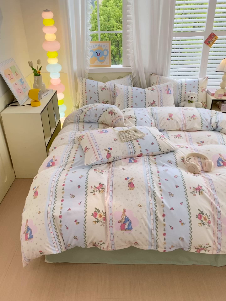 91家纺网 家纺一手货源 找家纺 雨彤家纺 2025年新款软糯糯云朵水洗棉印花四件套 灵兰小兔