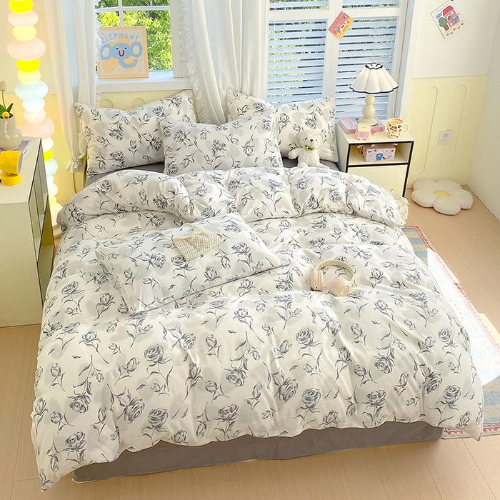 91家纺网 家纺一手货源 找家纺 雨彤家纺 2025年新款软糯糯云朵水洗棉印花四件套 水墨玫瑰