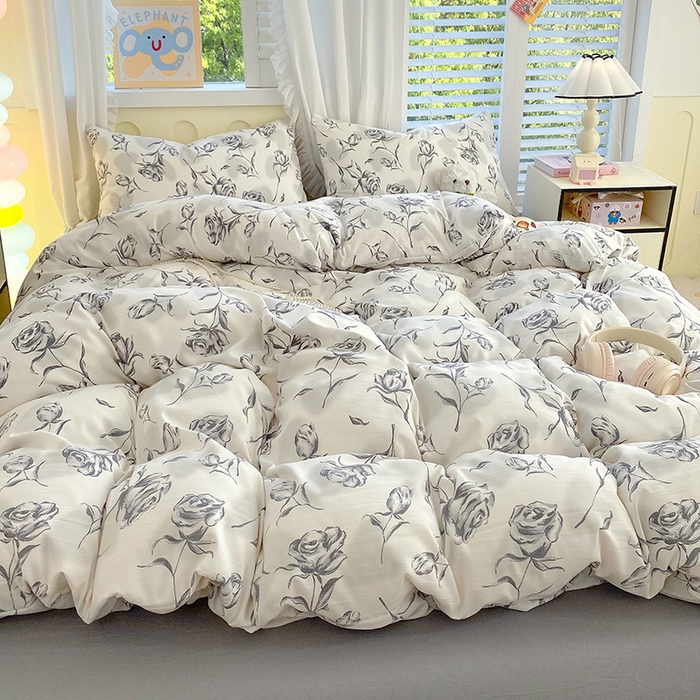 91家纺网 家纺一手货源 找家纺 雨彤家纺 2025年新款软糯糯云朵水洗棉印花四件套 水墨玫瑰